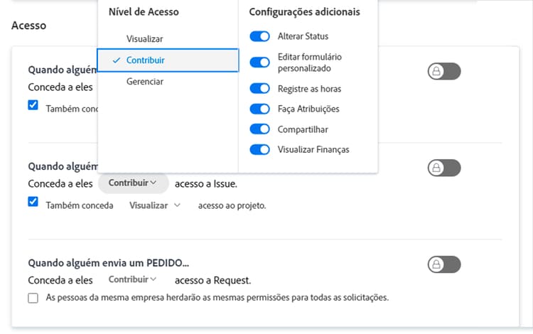 Acesso mostrando as opções Contribuir