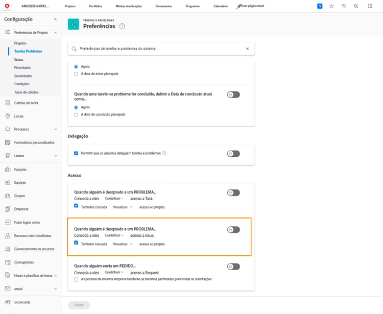 Tarefas e problemas com a seção Quando alguém é atribuído a um PROBLEMA destacada
