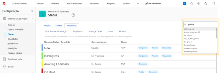 Menu da lista de grupos na página Status