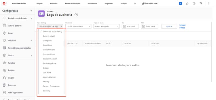 Tipo de log na página Logs de auditoria da seção Configuração