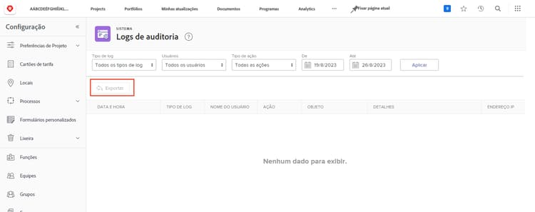 Exportar na página Logs de auditoria