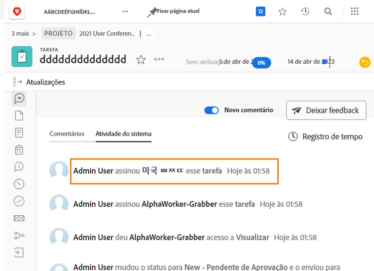 Atualizações em uma tarefa que mostra as assinaturas