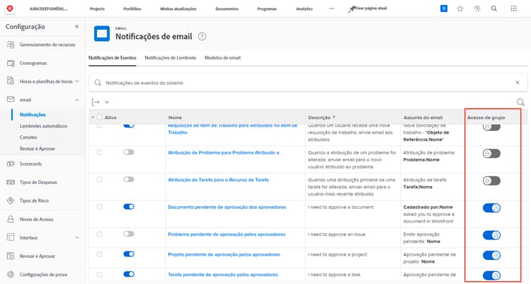 Acesso ao grupo na página Notificações por email
