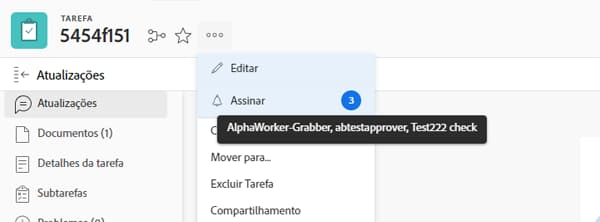 Menu de tarefas que mostra quem assinou