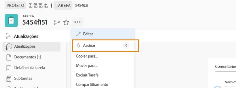 Assinar no menu de tarefas
