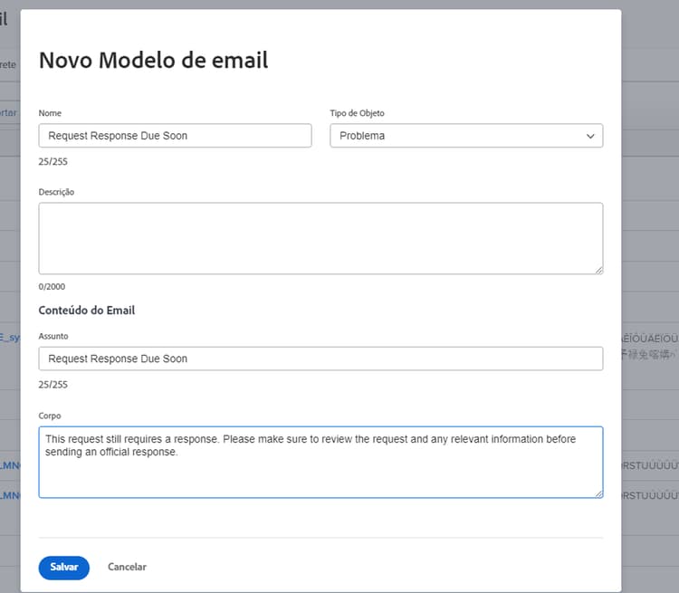 Janela Novo modelo de email