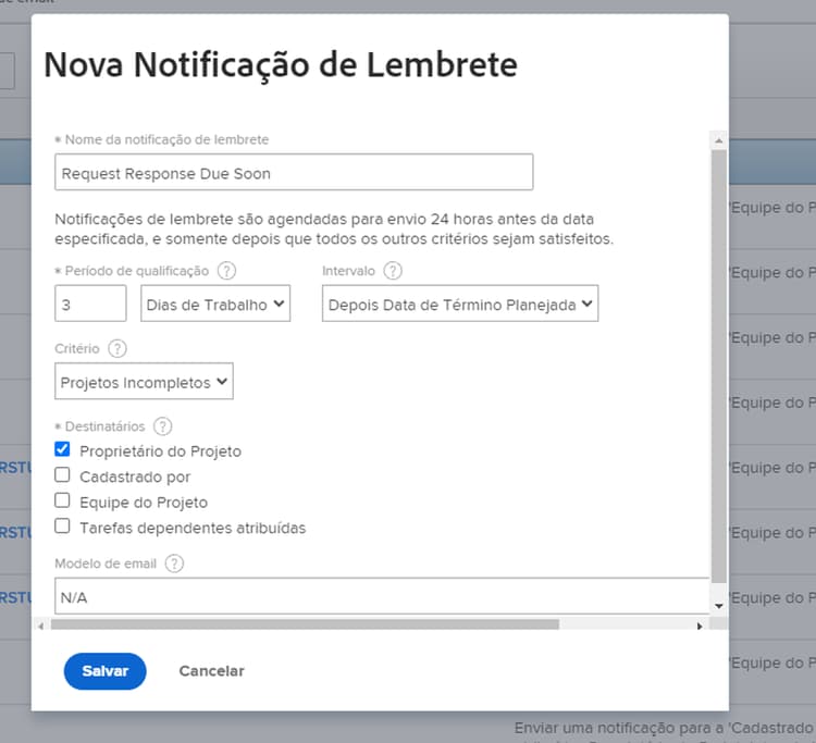 Nova notificação de lembrete