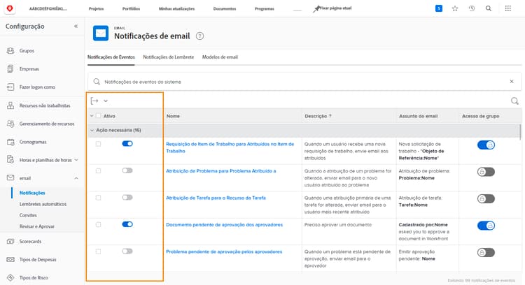 Ativo na página Notificações por email