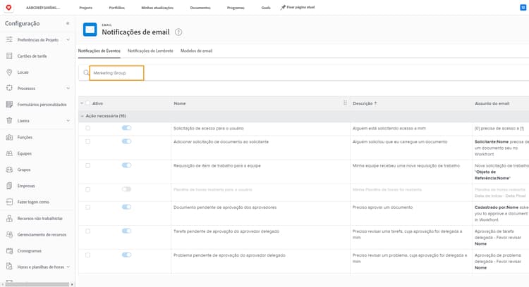 Acesso ao grupo na página Notificações por email