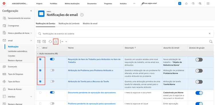 Acesso ao grupo na página Notificações por email