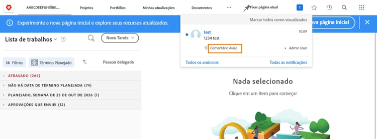 Aviso na lista de mensagens sob o ícone de notificações