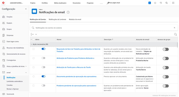 Notificações por email na área Configuração