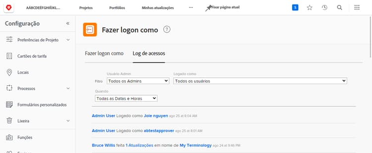 Registro de acesso na página Fazer logon como