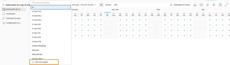 Menu da equipe na página Equipes