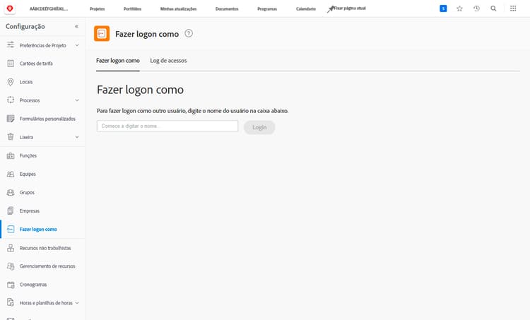 Fazer logon como na área de Configuração