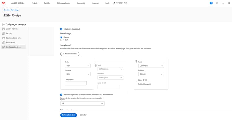 Página de configurações da equipe
