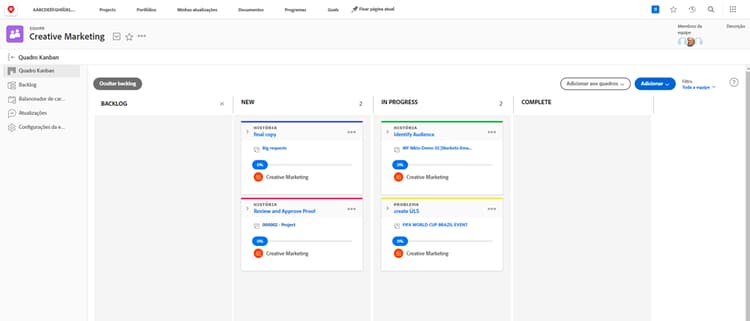 Página de configurações da equipe