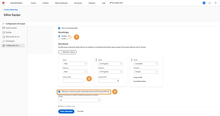 Página de configurações da equipe