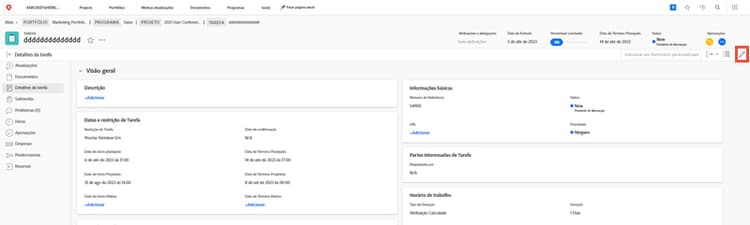 Janela Detalhes da tarefa mostrando um formulário personalizado sendo editado