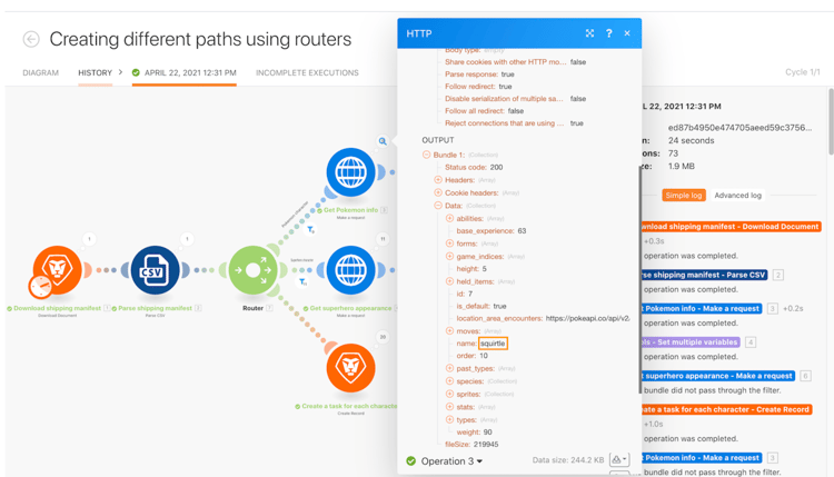 Uma imagem de links de histórico de execução
