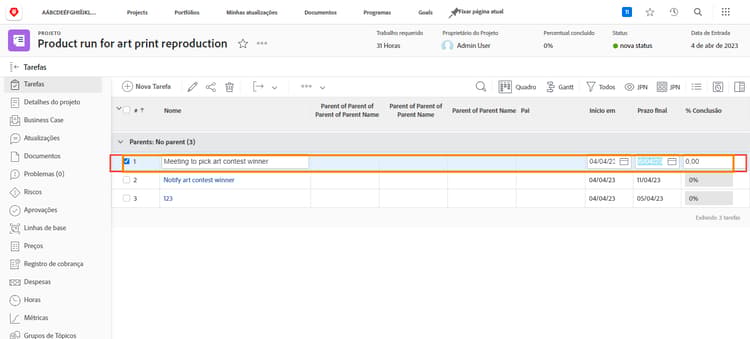 tarefa do projeto com data de vencimento