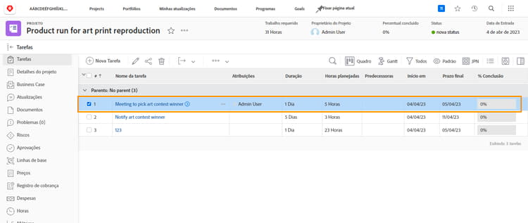 tarefa do projeto com datas