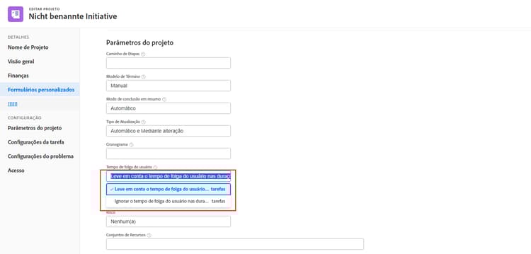 Configuração das folgas do usuário