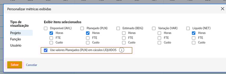 Usar valores planejados na opção de cálculos líquidos