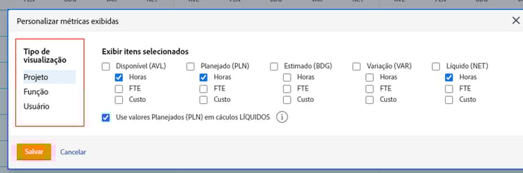 Opções de tipo de visualização