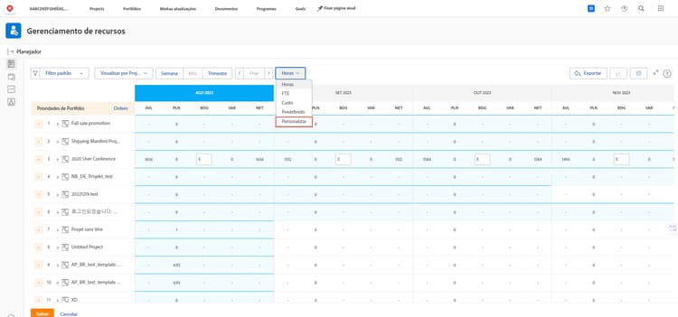 Opção personalizar no menu suspenso