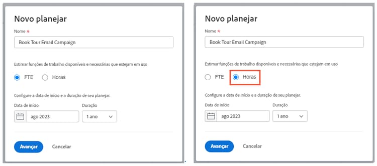 Selecione FTE ou Horas na janela Novo plano