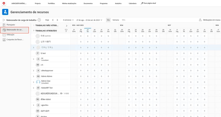 seção balanceador de carga de trabalho