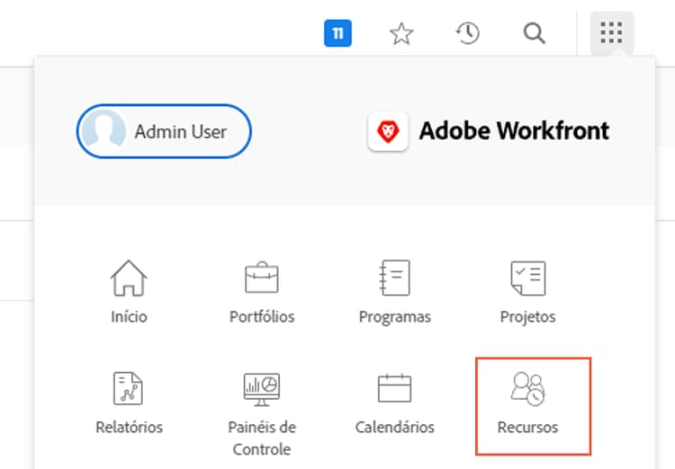 recursos no menu principal