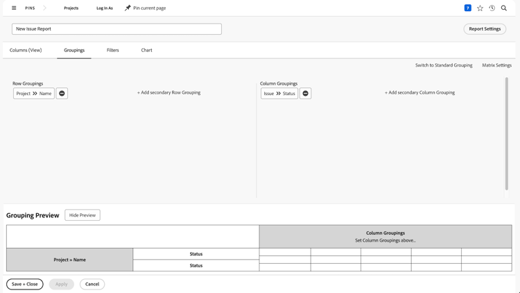 Uma imagem da tela de criação de um novo agrupamento de relatórios de problemas