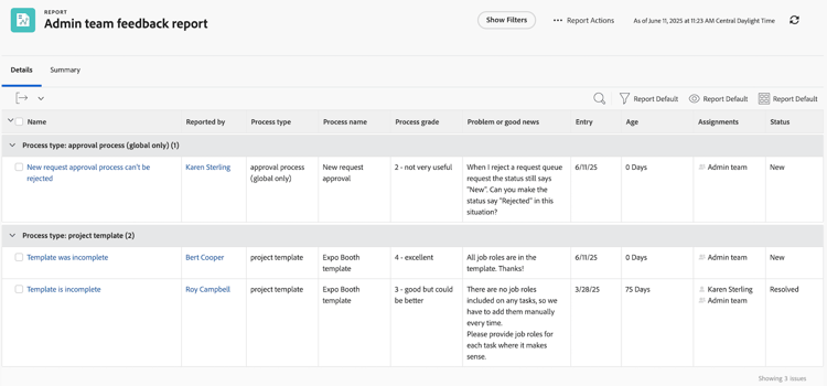 Uma captura de tela do relatório de feedback da equipe administrativa