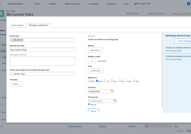 Imagem da tela para configurar entregas repetidas de relatórios