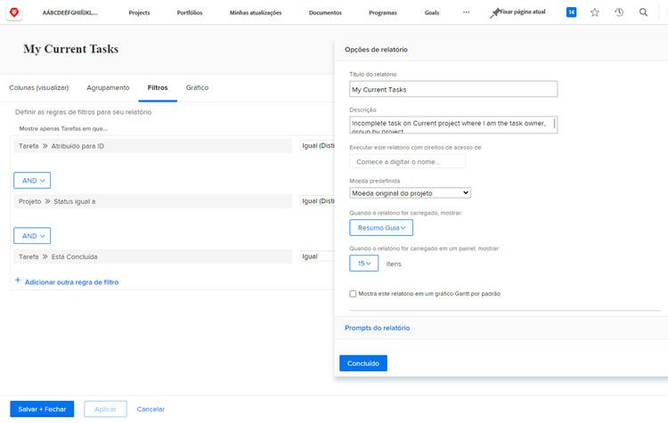 Uma imagem da tela de configurações de relatório num relatório de tarefa