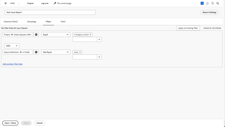 Uma imagem da tela de criação de um novo filtro de relatórios de problemas