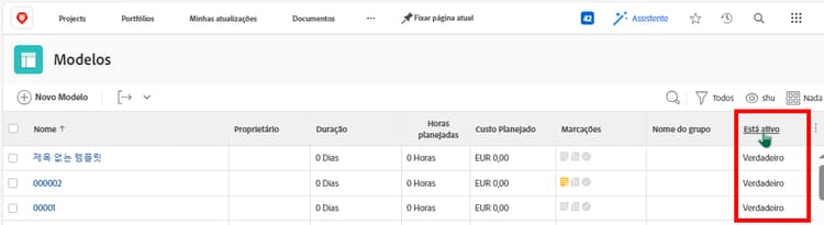 Uma imagem da tela que mostra o status ativo de um modelo de projeto