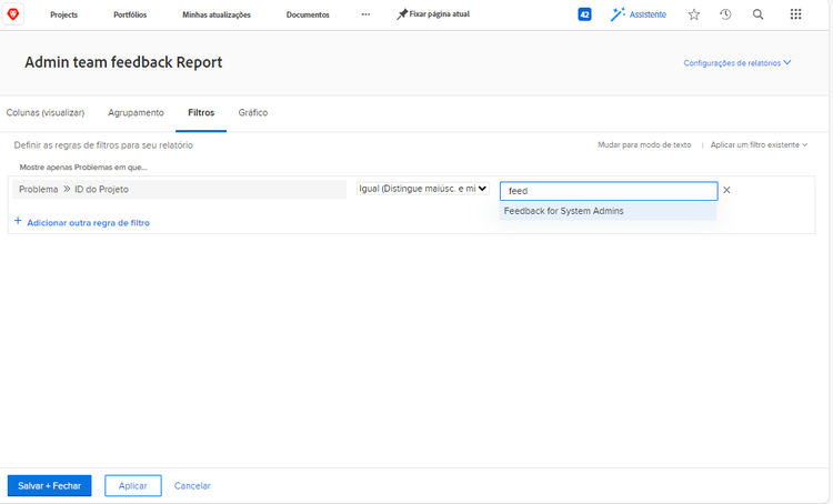 Uma imagem da tela de criação de filtros de relatório de problemas
