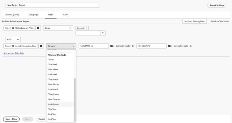 Uma imagem da tela que permite adicionar filtros a um relatório