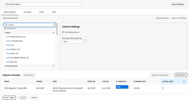 Uma imagem da tela que permite adicionar colunas a um relatório