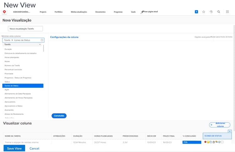 Uma imagem da tela de criação de uma visualização do status da tarefa