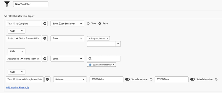 Uma imagem da tela para criar um filtro de tarefa com um curinga baseado no usuário