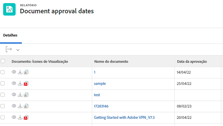 Imagem de tela mostrando a visualização das datas de aprovação do documento
