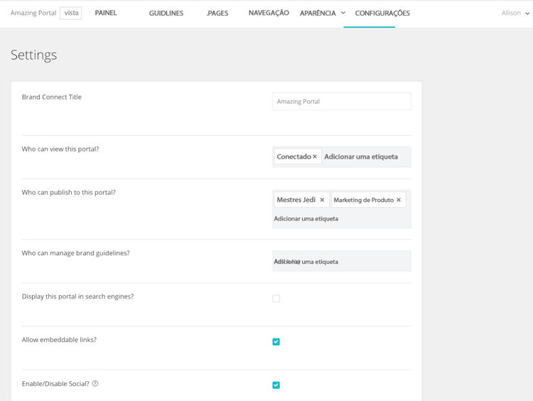 Uma captura de tela do painel de configurações do Brand Connect