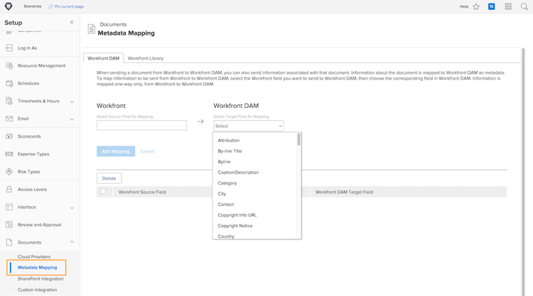 Uma captura de tela da tela Mapeamento de metadados no Workfront