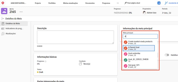 Uma captura de tela do painel Detalhes da meta mostrando o painel Informações da meta principal