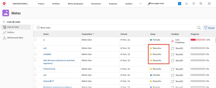 Uma captura de tela de uma meta com status de rascunho no Workfront Goals