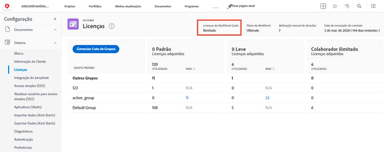 Uma captura de tela do número de licenças do Workfront Goals na área Configurações do Workfront